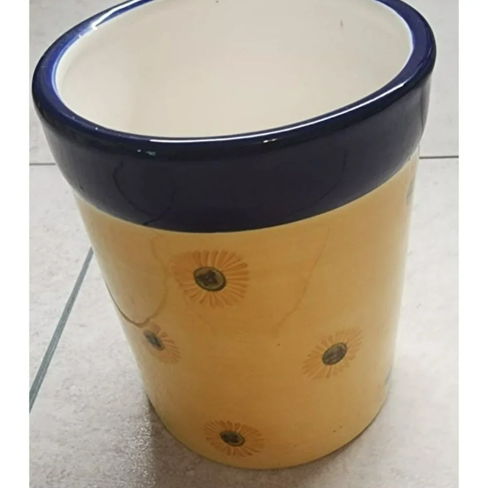 Vintage CAROL ENDRES Hand-Painted Ceramic Vase With Floral Design & Blue Rim